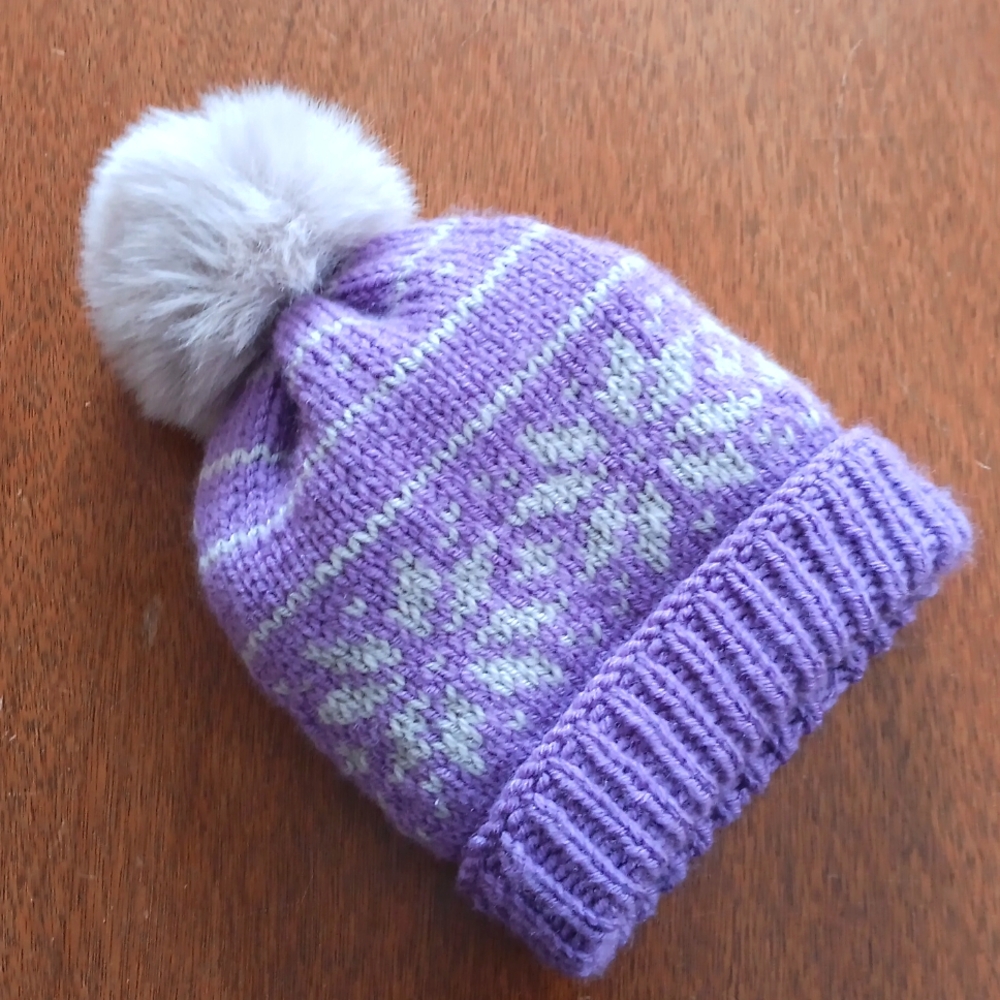 NWT Hand Crafted Handknit Baby Purple Gray Scandinavian Motif Pompom Hat 6-12M